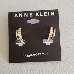 Anne Klein E-Z Comfort Clip-On Gold Crystal Hoop Sparkly Classic Earrings